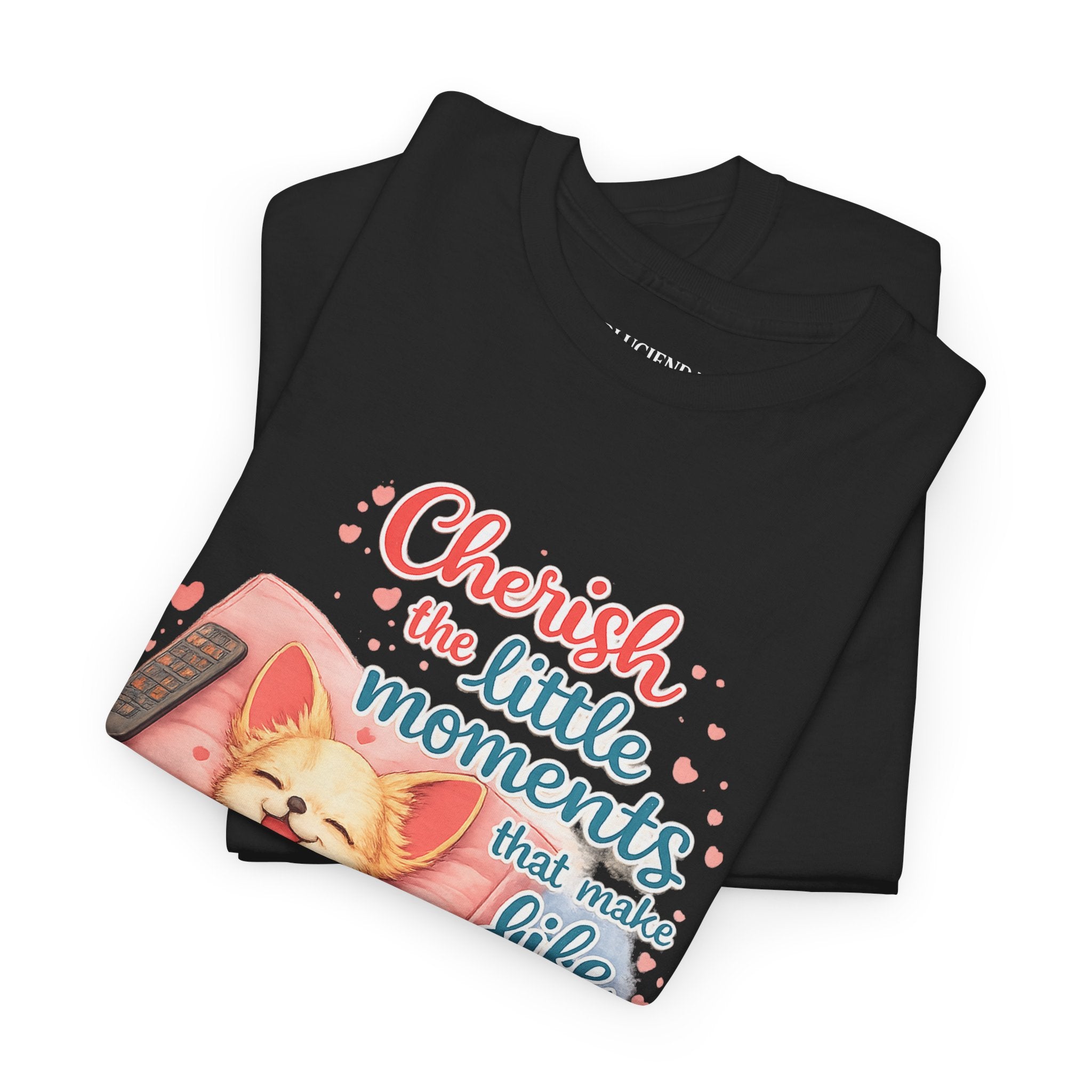 Cherish the Little Moments Dog T-Shirt — Cozy Dog & Coffee Graphic Tee