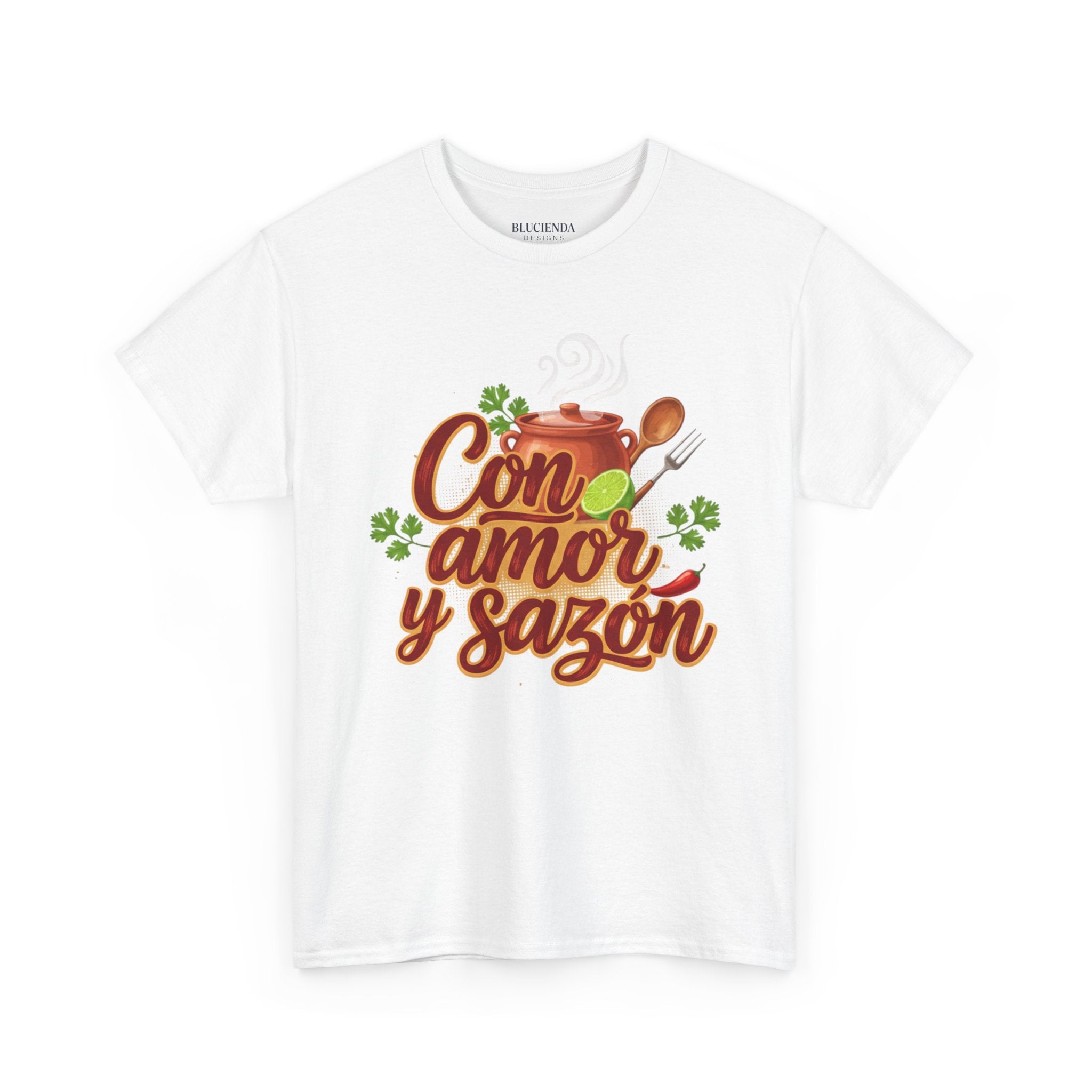 Con Amor y Sazón T-Shirt — Spanish Cooking Tee with Spoon & Stew Pot Design