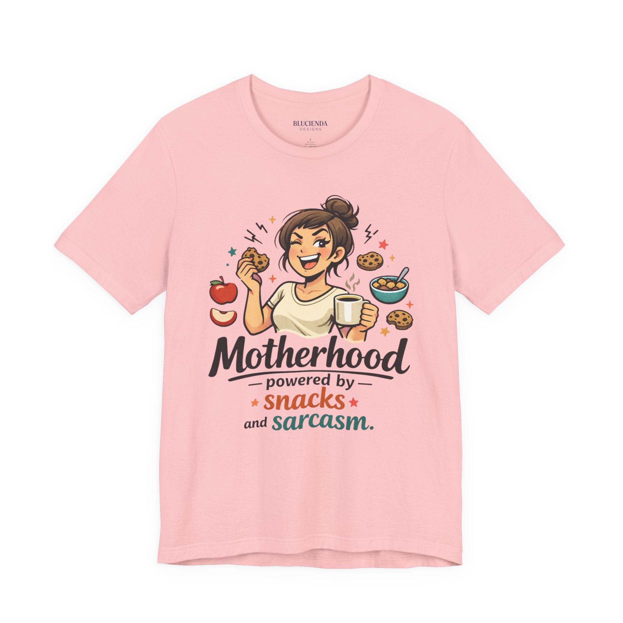 Motherhood Tee — "Motherhood Powered by Snacks and Sarcasm"