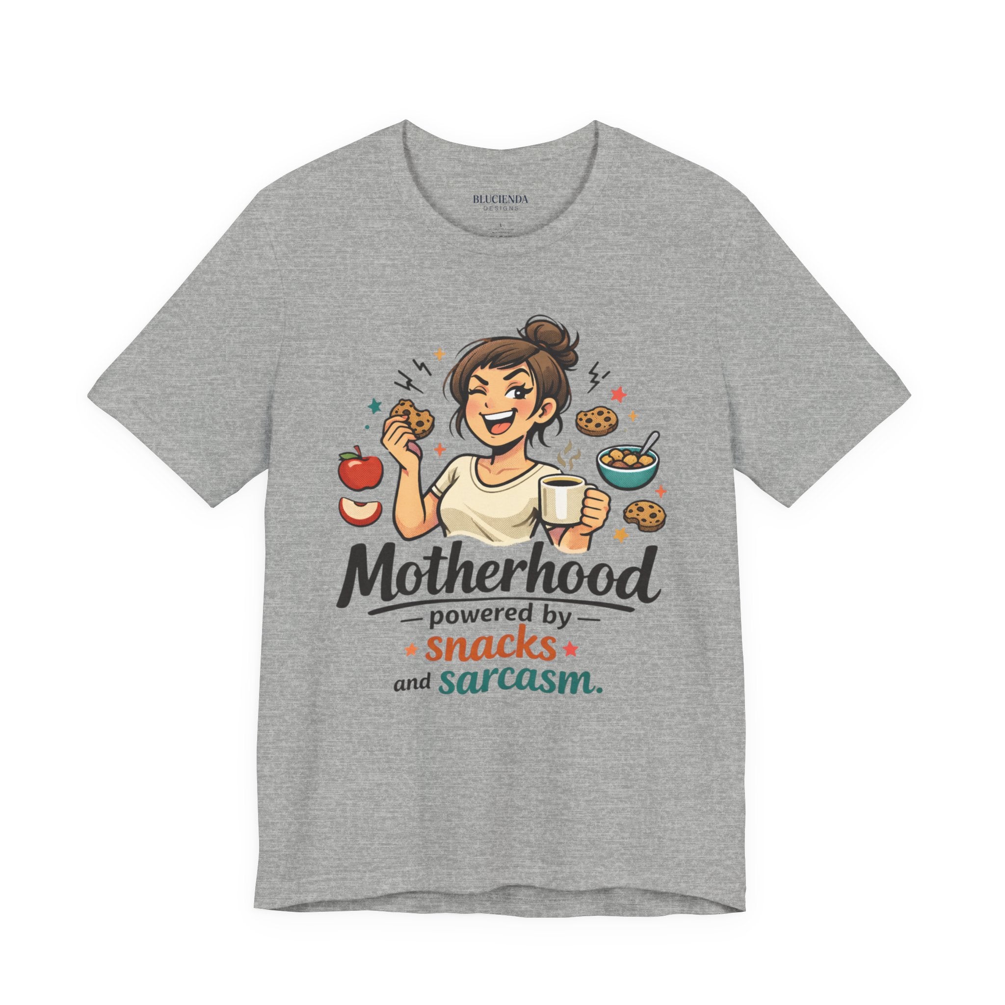 Motherhood Tee — "Motherhood Powered by Snacks and Sarcasm"
