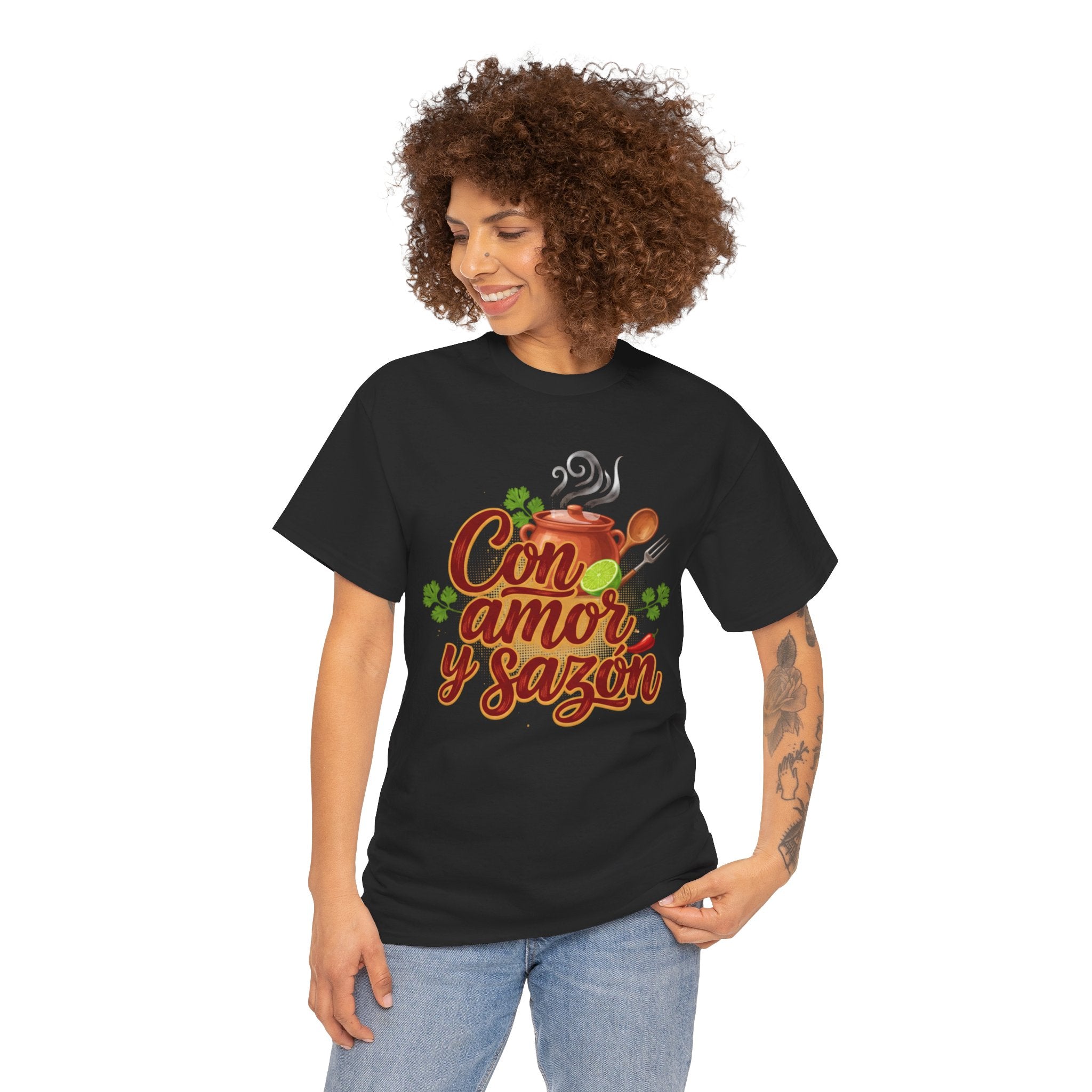 Con Amor y Sazón T-Shirt — Spanish Cooking Tee with Spoon & Stew Pot Design