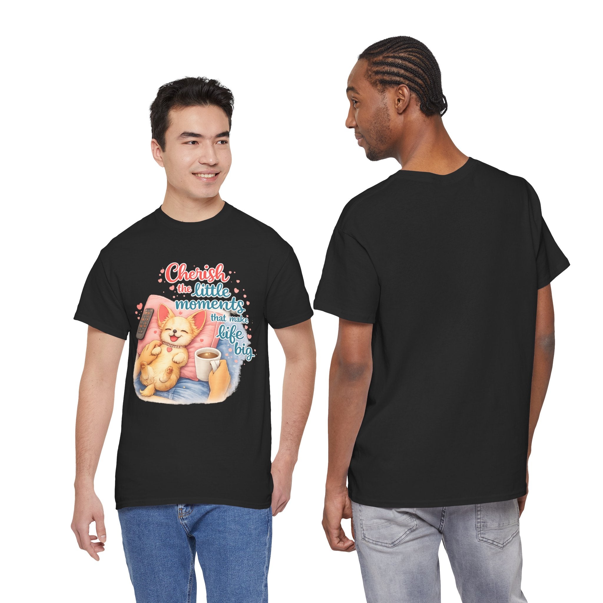 Cherish the Little Moments Dog T-Shirt — Cozy Dog & Coffee Graphic Tee