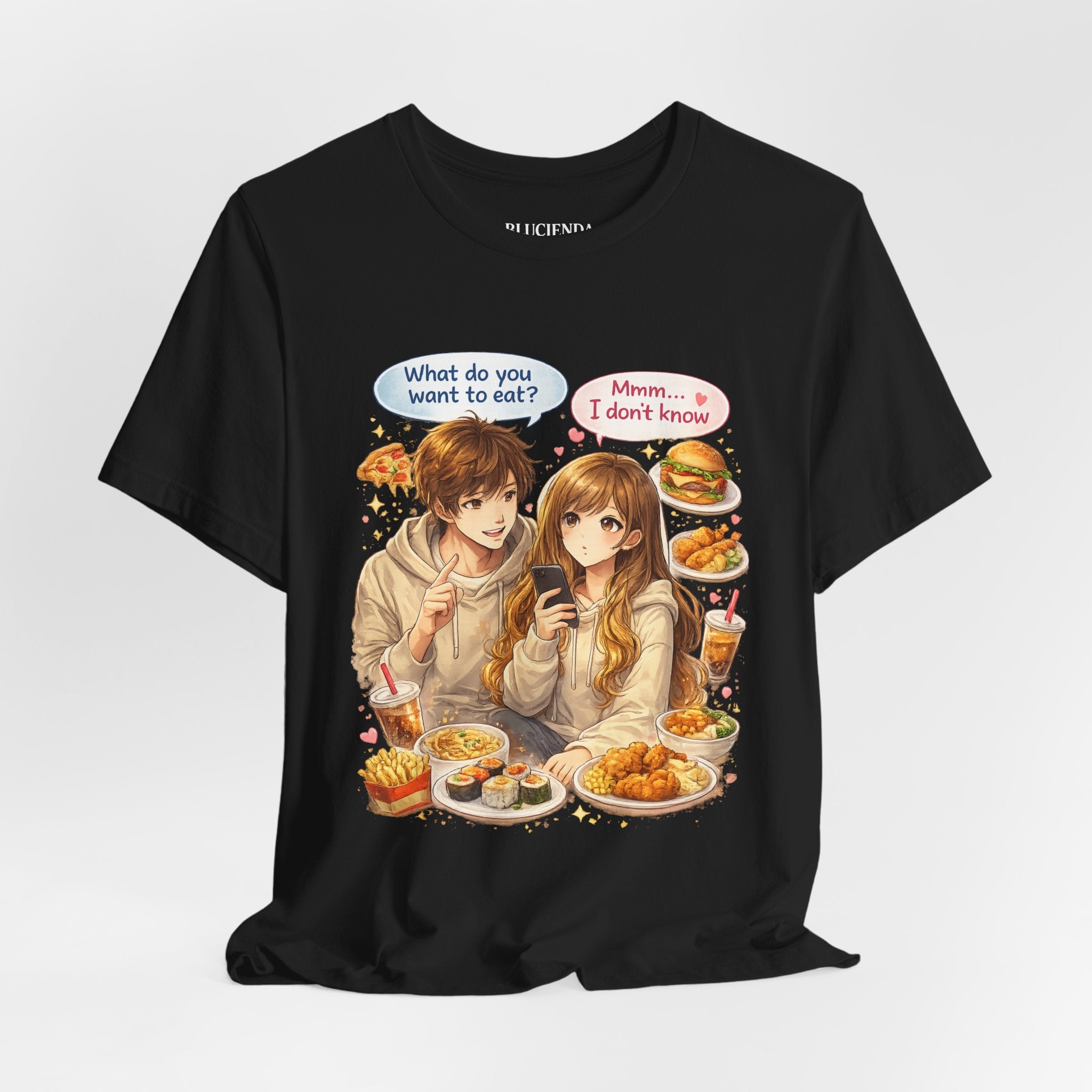 Anime Couple Foodie T‑Shirt – "What do you want to eat?" Graphic Tee