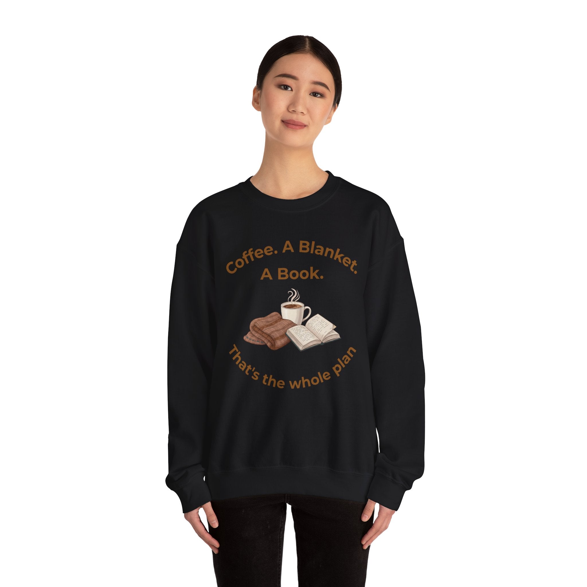 Cozy Reading Crewneck Sweatshirt — “Coffee. A Blanket. A Book.” Graphic