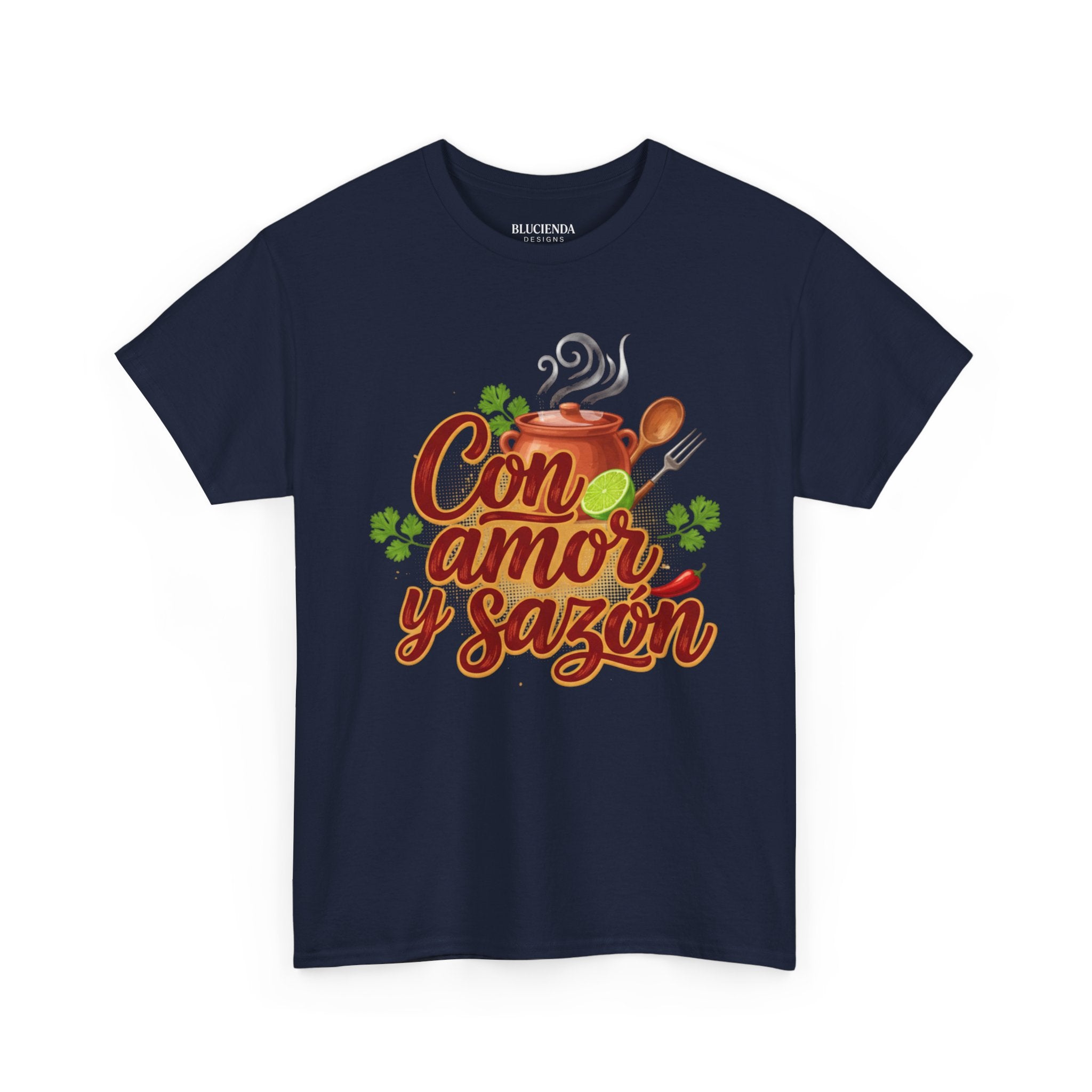 Con Amor y Sazón T-Shirt — Spanish Cooking Tee with Spoon & Stew Pot Design