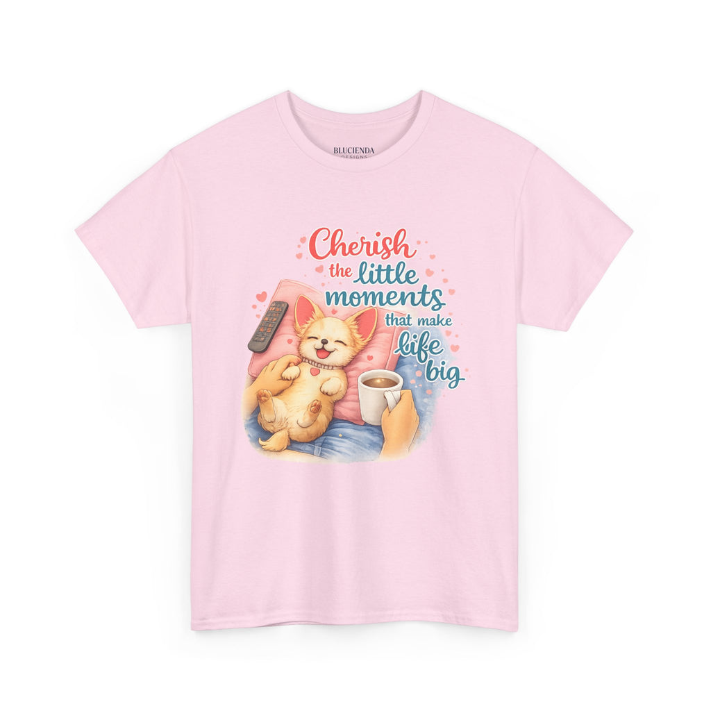 Cherish the Little Moments Dog T-Shirt — Cozy Dog & Coffee Graphic Tee