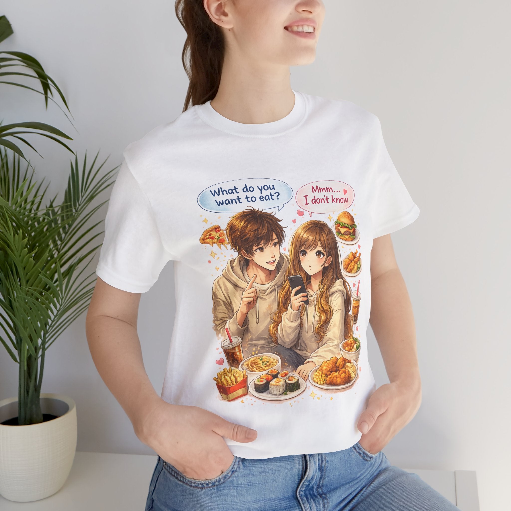 Anime Couple Foodie T‑Shirt – "What do you want to eat?" Graphic Tee