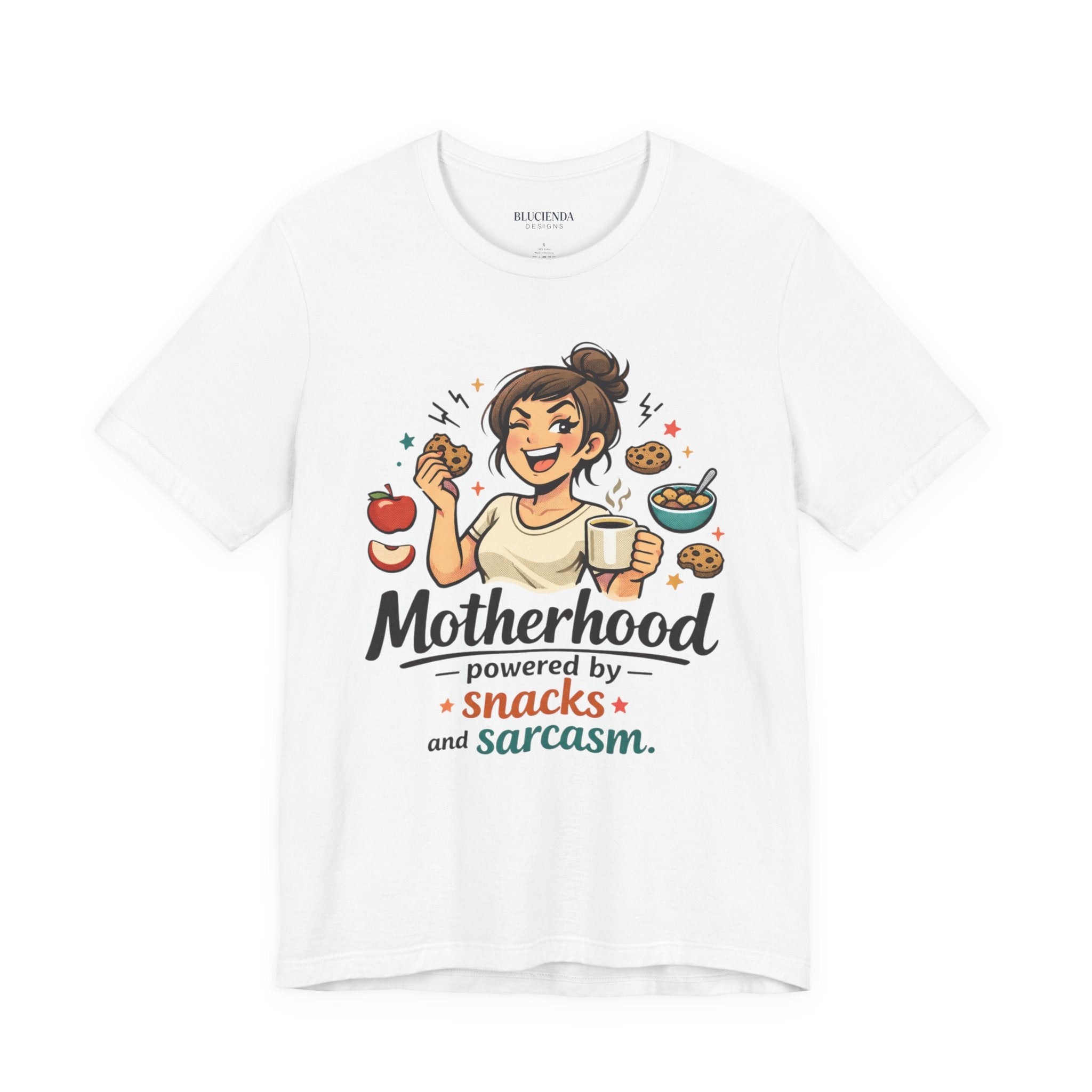 Motherhood Tee — "Motherhood Powered by Snacks and Sarcasm"