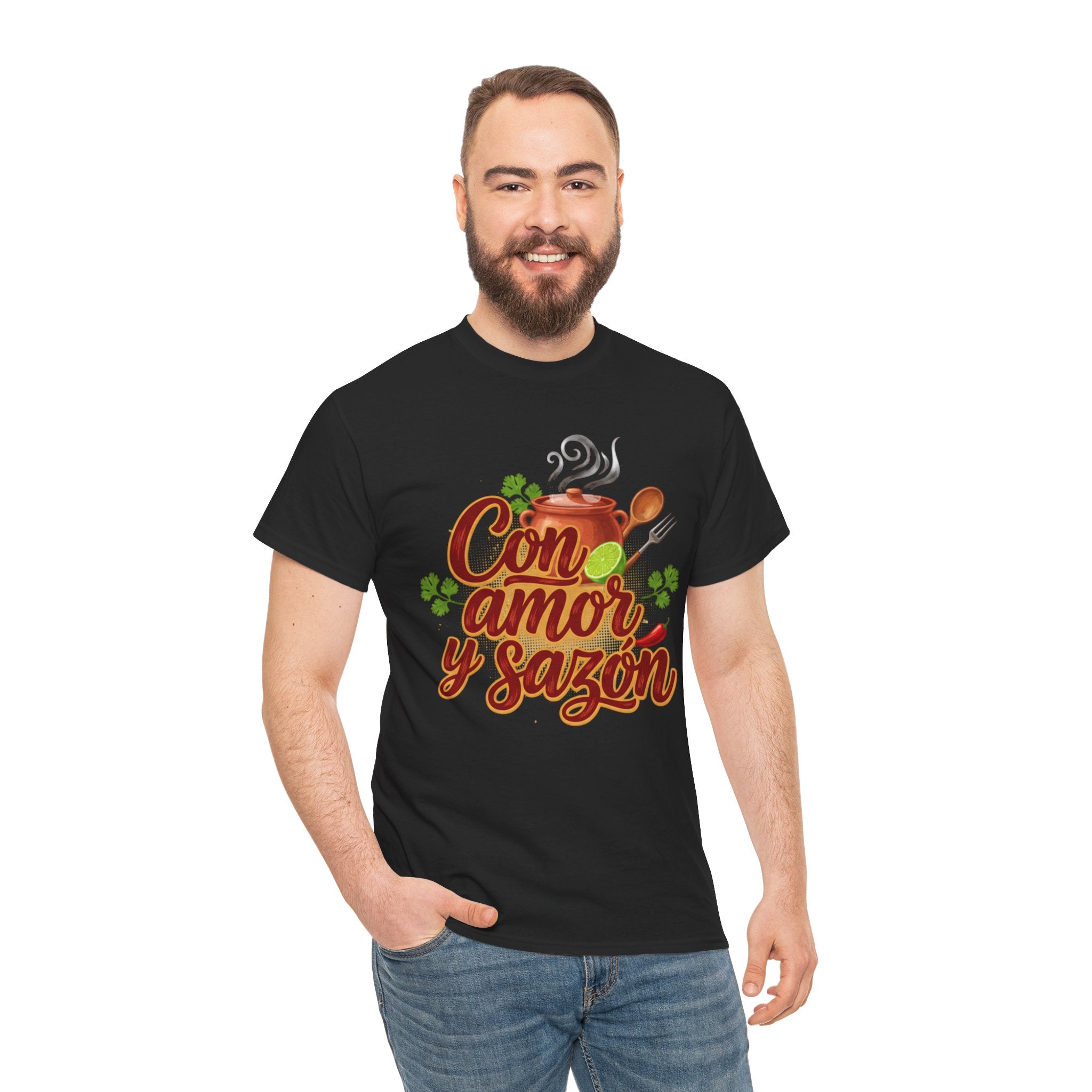Con Amor y Sazón T-Shirt — Spanish Cooking Tee with Spoon & Stew Pot Design