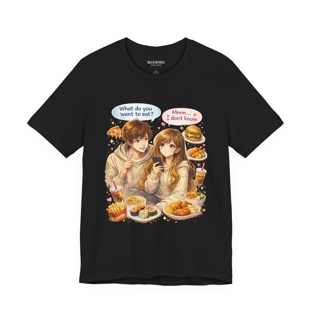Anime Couple Foodie T‑Shirt – "What do you want to eat?" Graphic Tee