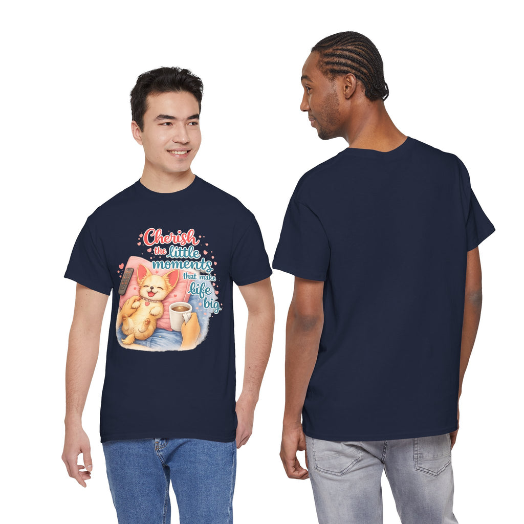 Cherish the Little Moments Dog T-Shirt — Cozy Dog & Coffee Graphic Tee