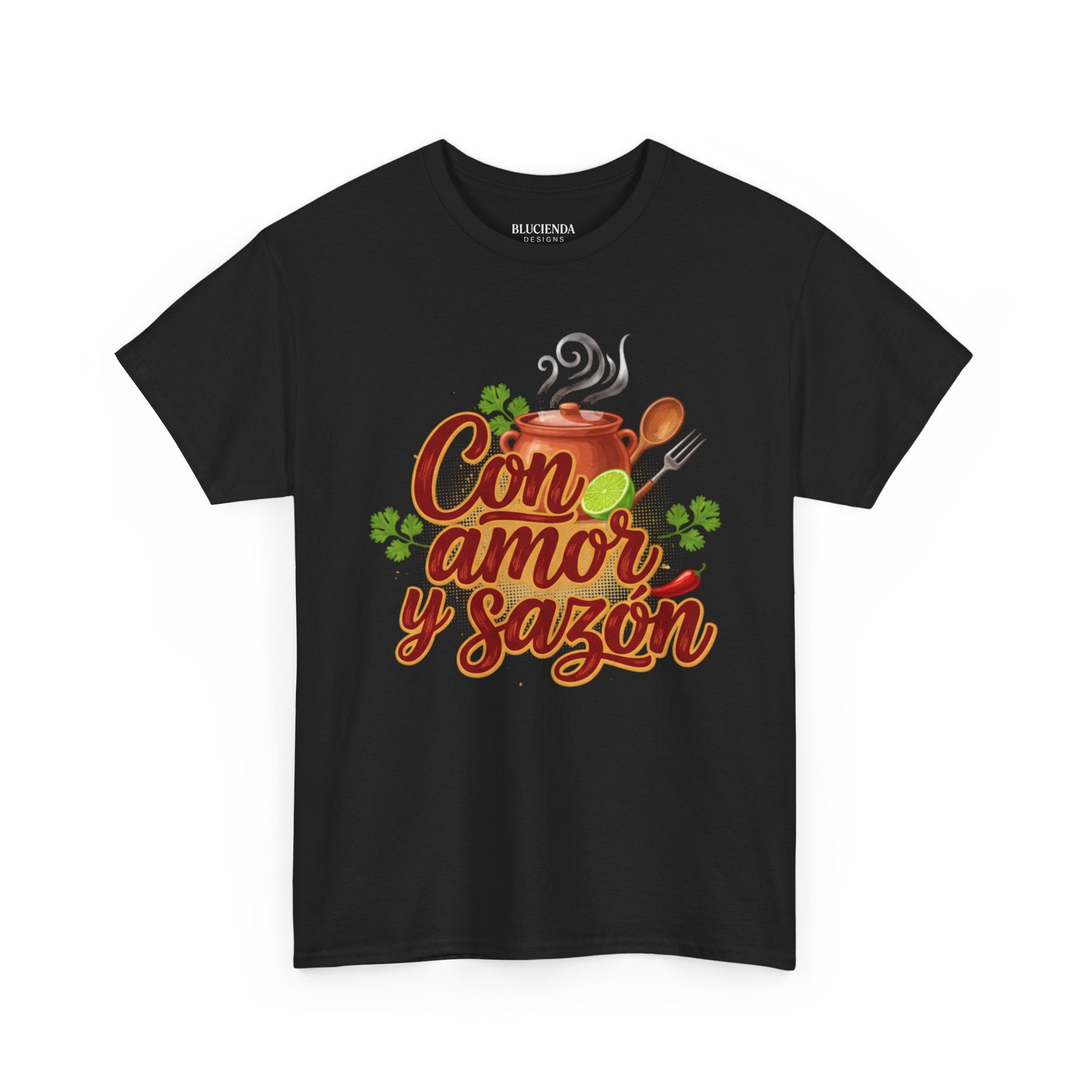 Con Amor y Sazón T-Shirt — Spanish Cooking Tee with Spoon & Stew Pot Design