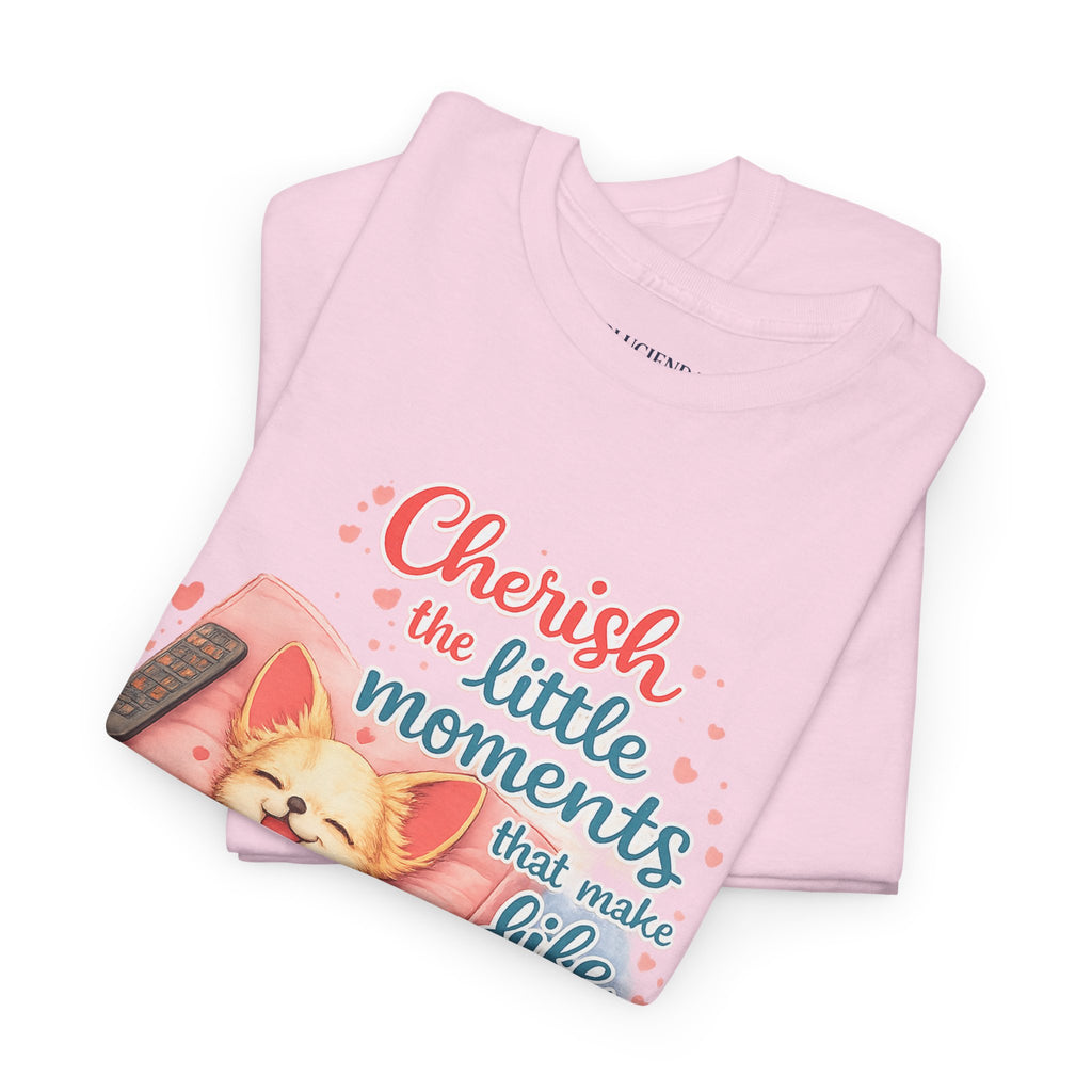 Cherish the Little Moments Dog T-Shirt — Cozy Dog & Coffee Graphic Tee