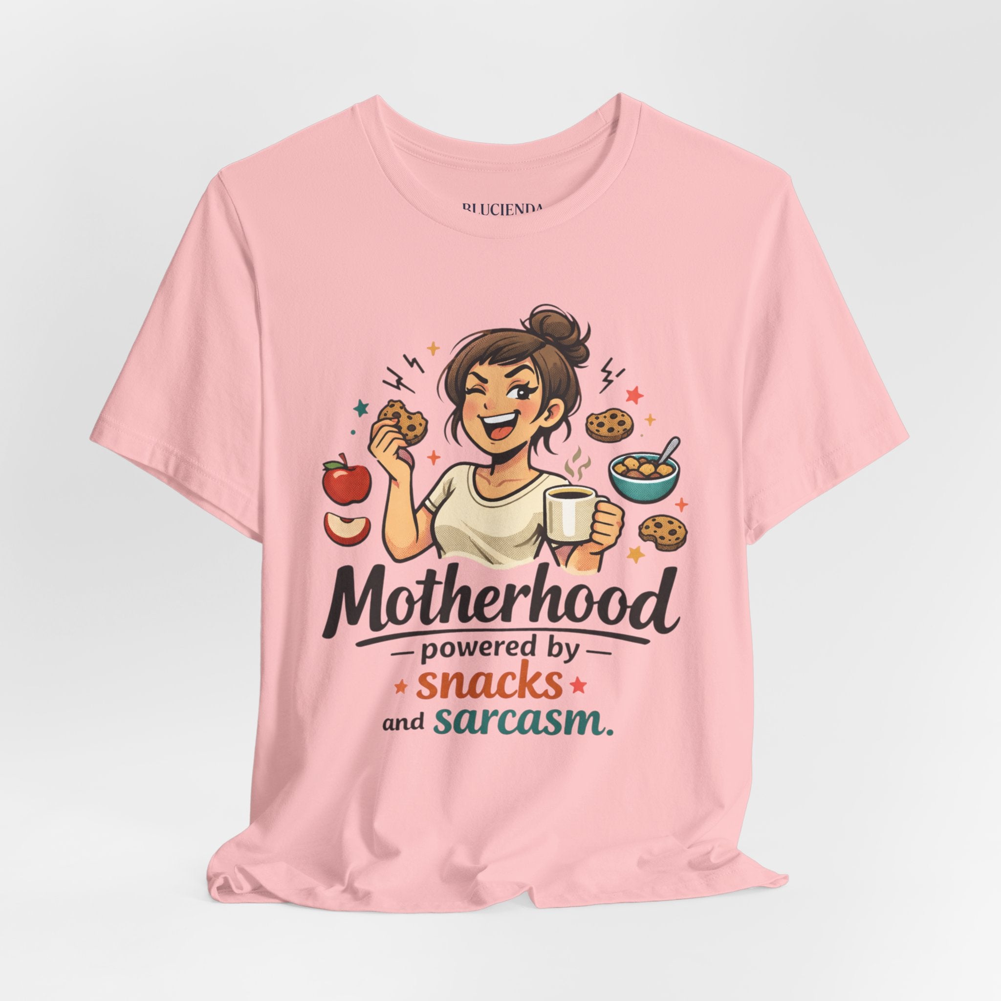 Motherhood Tee — "Motherhood Powered by Snacks and Sarcasm"