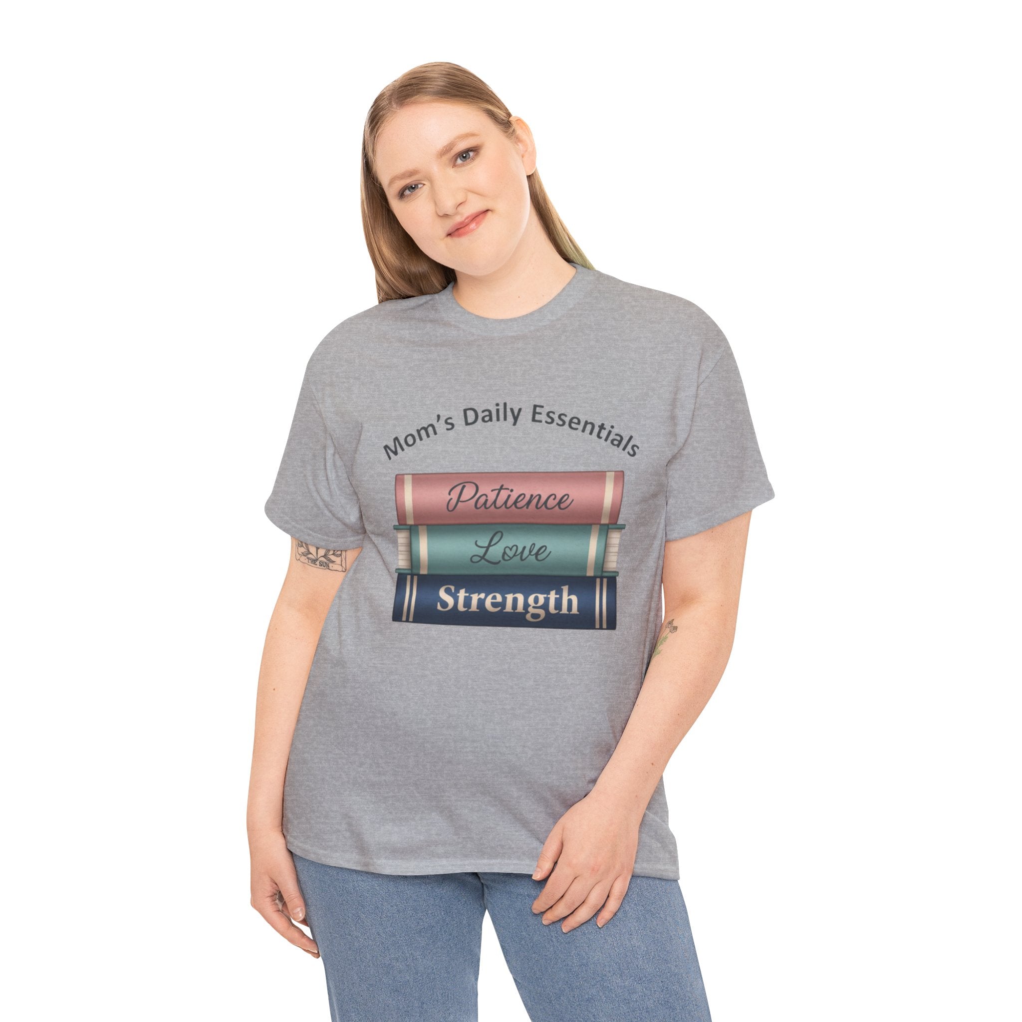 Mom's Daily Essentials T-Shirt — 'Patience, Love, Strength' Book Stack